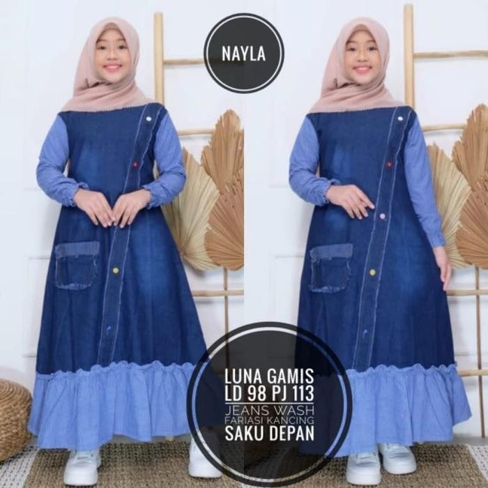 Gamis Jeans Anak Perempuan Usia 7-12 Tahun Saku Depan Kids Wear Murah