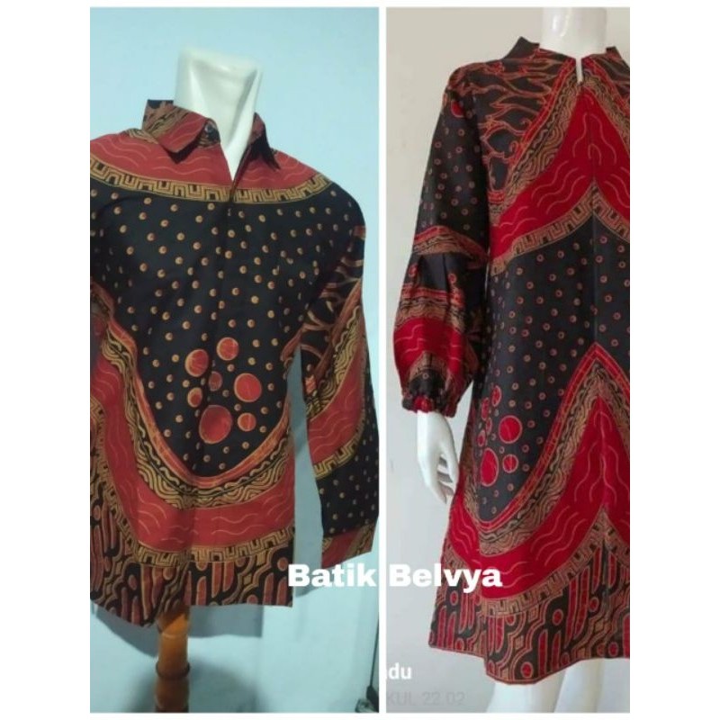 set couple batik motif merah Mandalika / Batik sragen / batik solo / dress batik / tunik batik / kem