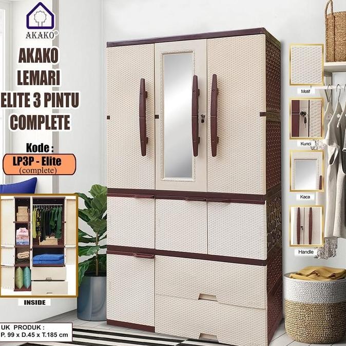 LEMARI PAKAIAN PLASTIK LP3P JUMBO AKAKO ELITE 3PINTU LACI GANTUNG KACA