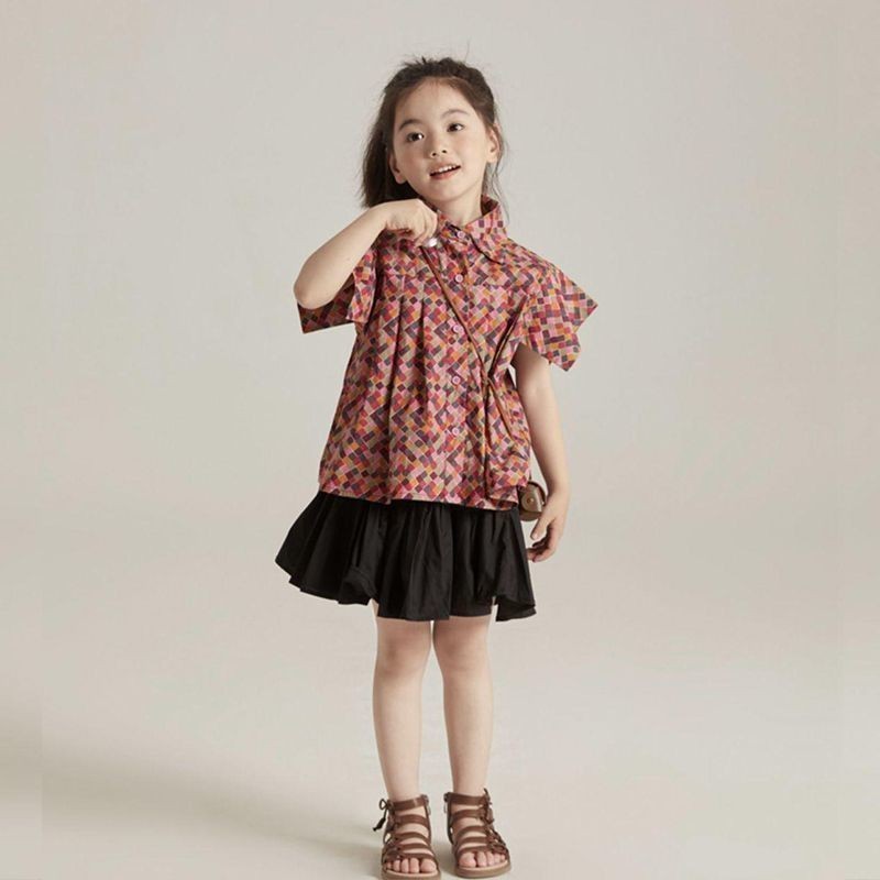 Setelan Musim Panas Baru untuk Gadis, Kemeja Kotak-Kotak Merah dan Rok Hitam