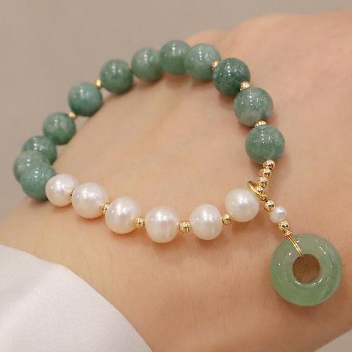 Gelang Batu Giok dan Mutiara Wanita 8MM-Gelang Batu Giok Cewe Fashion PS