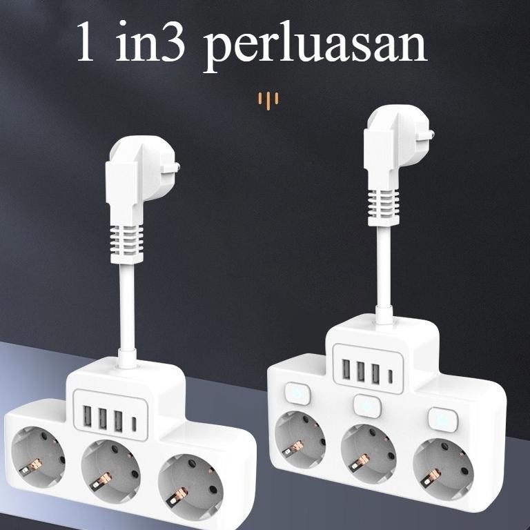 Siap Kirim Stop Kontak Eropa Mini Putar dengan Saklar + USB Kabel Pendek Praktis