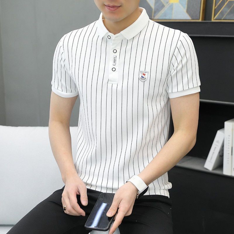 Lengan Pendek Pria T Kemeja Kerah Turun Bergaris POLO Kemeja Pria Gaya Korea Trendy untuk Pemuda