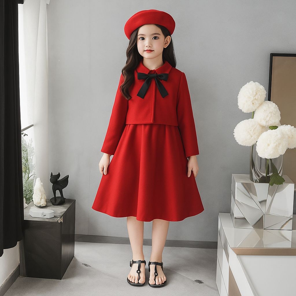 Dress Anak Pesta / Natal Warna Merah St.Chenia Baju Anak Perempuan Dress Modis Gaun Anak Cewek Fashi