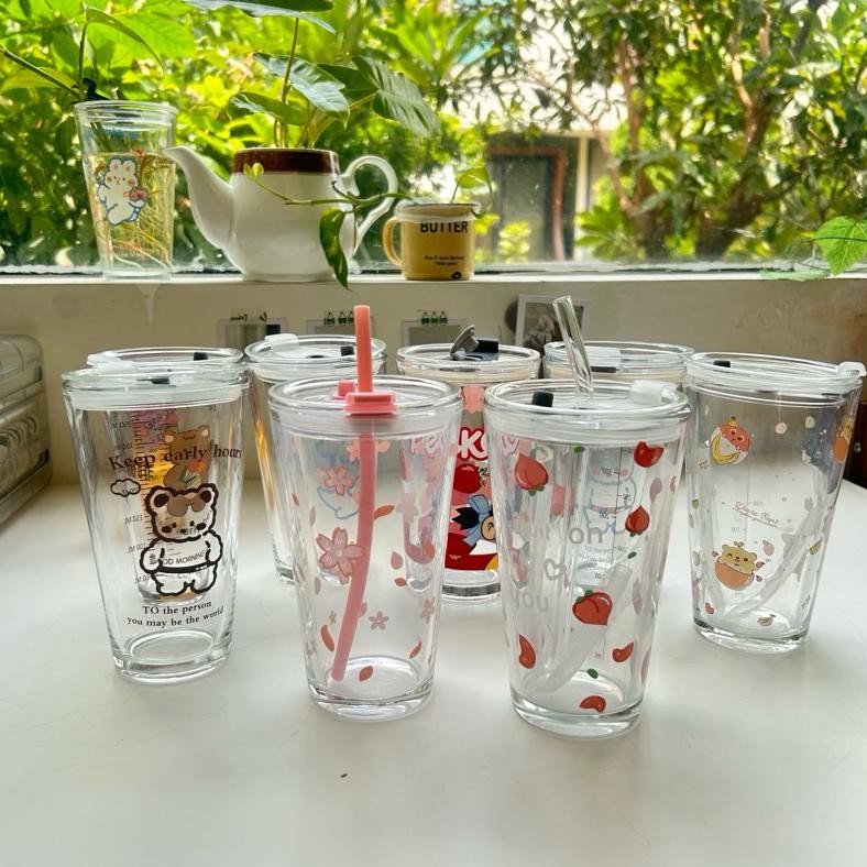 Gelas Tumblr Kaca Bening Gelas Mug Gelas Kaca dengan Tutup Anti Bocor 400ml Botol Minum Kaca Gratis 