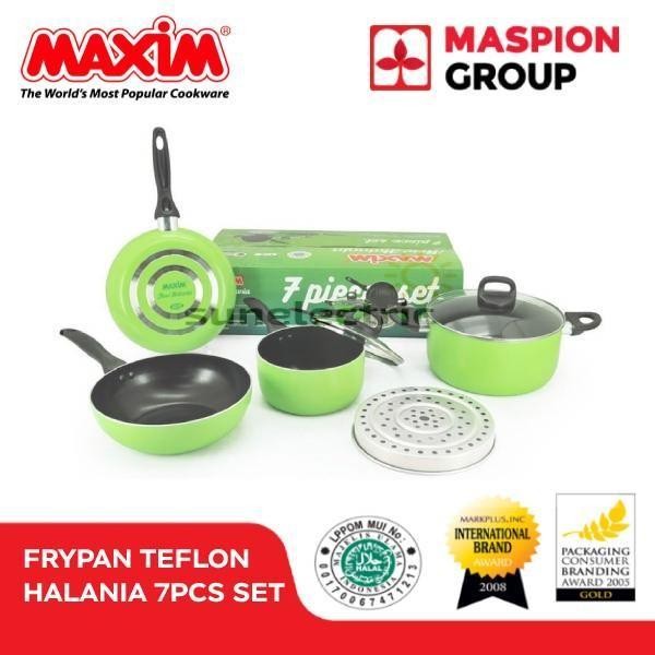 Maxim New Halania 7 Pcs Set Panci Wajan Penggorengan Wok Teflon Anti Lengket + Sarangan Steamer Kuku