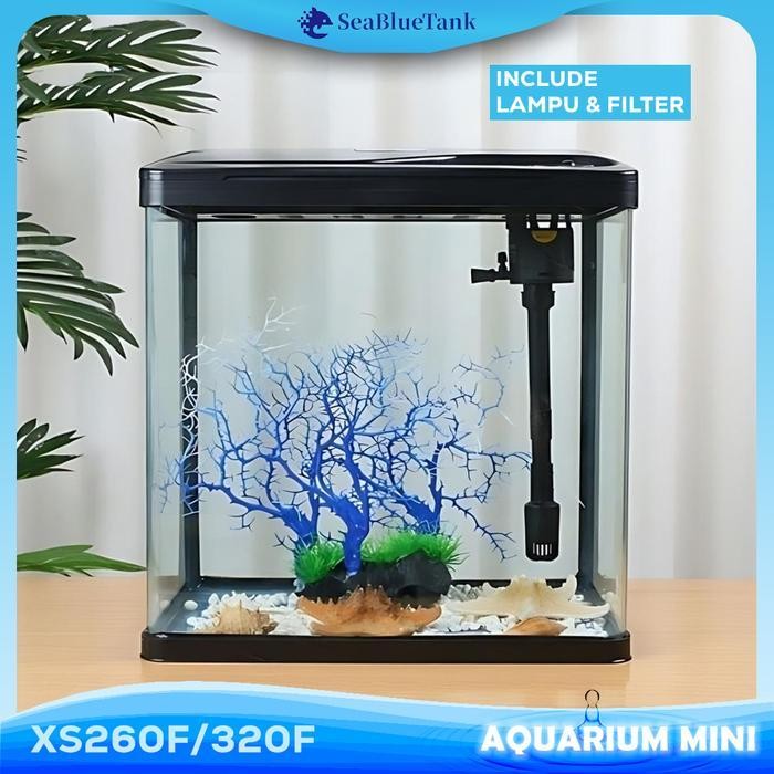 AL SBT Dekorasi Rumah Wadah Ikan Tempat Ikan Kaca XS260F/320F Tangki Ikan Mini Dengan Filter Dan Lam