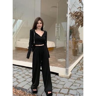 Basic One Set V Neck Long Sleeve Top + High Waisted Soft Wide Leg Pants Wanita  1750 (S/M/L/XL) GT