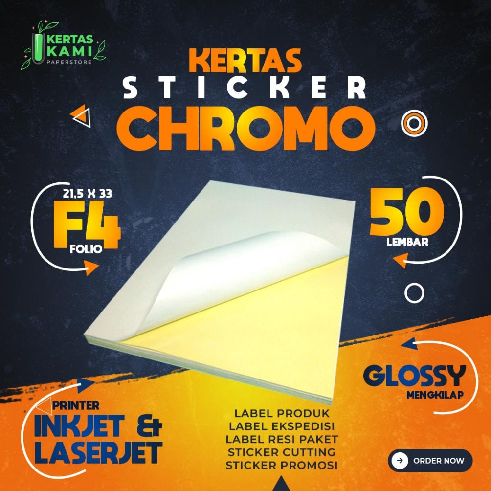 

Stiker Chromo Glossy FOLIO F4 Isi 50 Lembar - Kertas Sticker Chromo Bontax Bontak 170 Gsm Ukuran F4 Isi 50 Lembar Mengkilap Label Resi Dan Produk Mengkilat Merk FASTAC 170 Gram Kromo Cromo Inkjet Printer Nugi