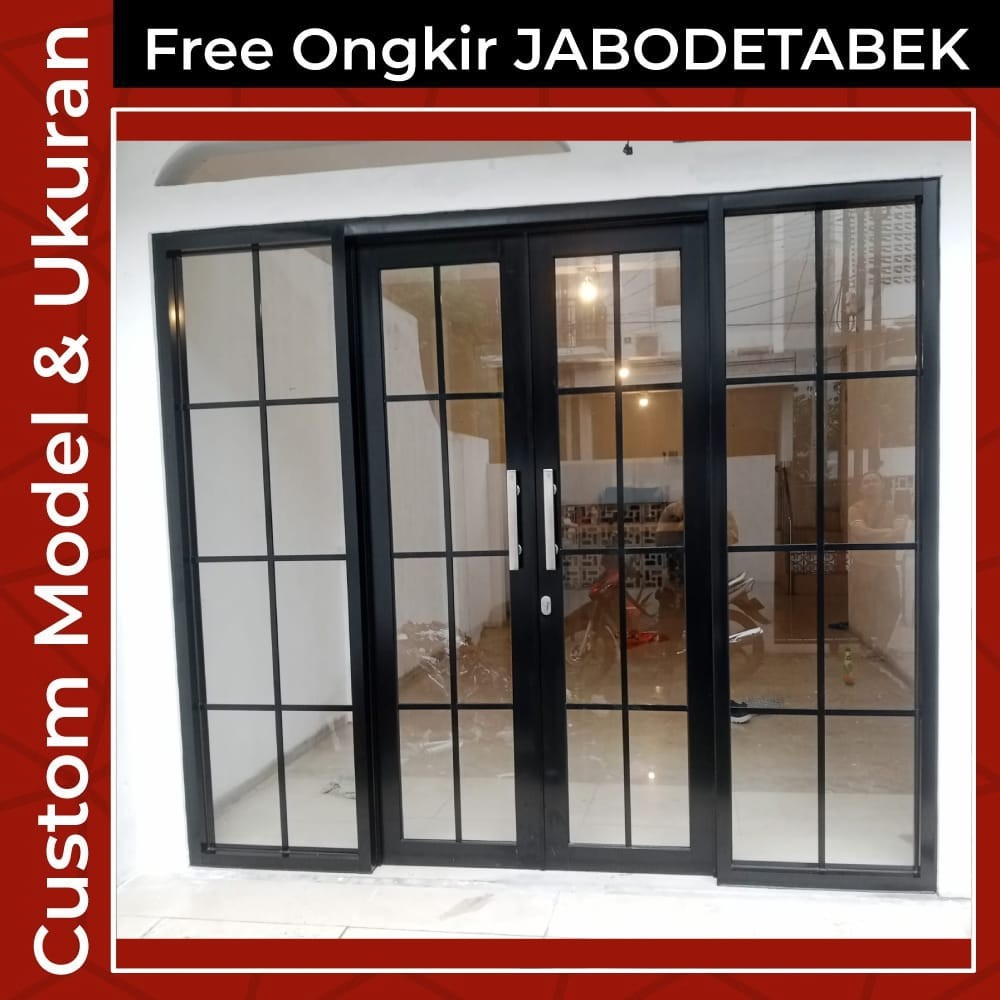 PINTU ALUMUNIUM KACA SWING DUA DAUN KIRI KANAN KACA MATI ORNAMEN UK L240x200  BERKUALITAS