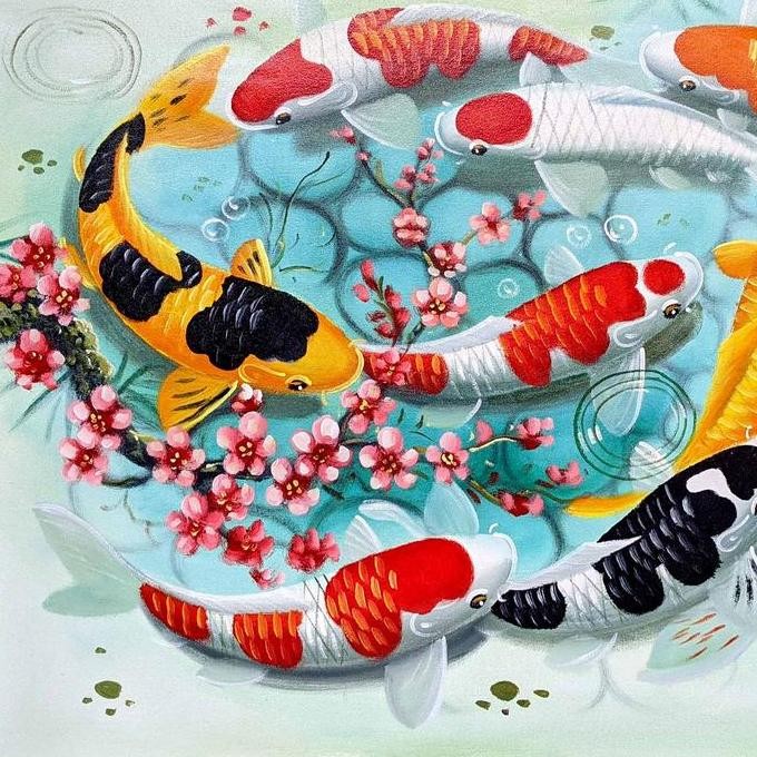 Lukisan Koi 9 Ekor 60X80 - Lukisan Kanvas Ikan Koi Untuk Ruang Tamu & Fengshui