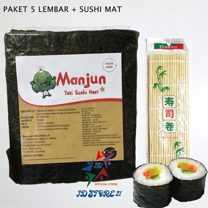 

Produk Baru!! Manjun Yaki Sushi Nori 5 Lembar + Sushi Mat - Paket Rumput Laut Halal