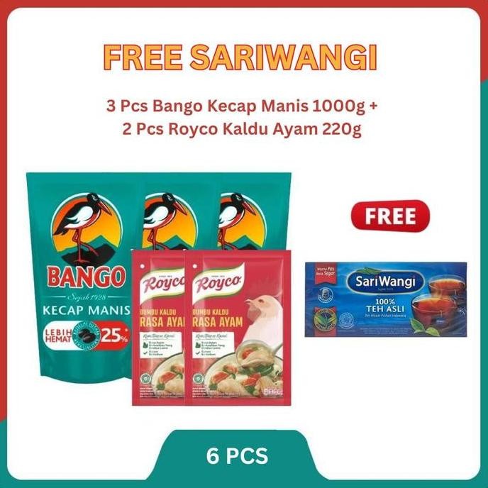 

Promo Bango Kecap Manis 950g x3 + Gratis Sariwangi & Royco Bumbu Kaldu Ayam