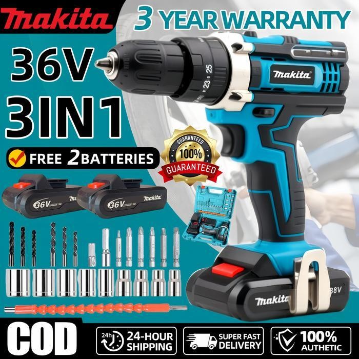 MPS Makita 3 in 1 36v bor tanpa sikat bor benturan 2 baterai bor bolak-balik tanpa kabel dapat digun