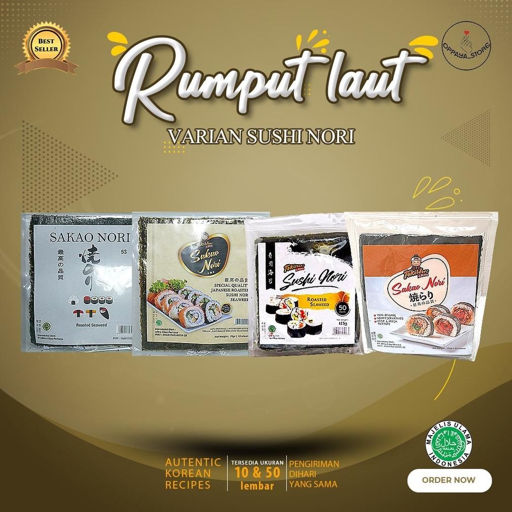 

Rumput Laut Kimbab Sushi Korea - ( Sakao Nori/ Tokinori/ Sakao Spesial Nori ) Nori HALAL Seaweed Rumput Laut Sushi Gimbap Korean Yaki Sushi Nori aSt