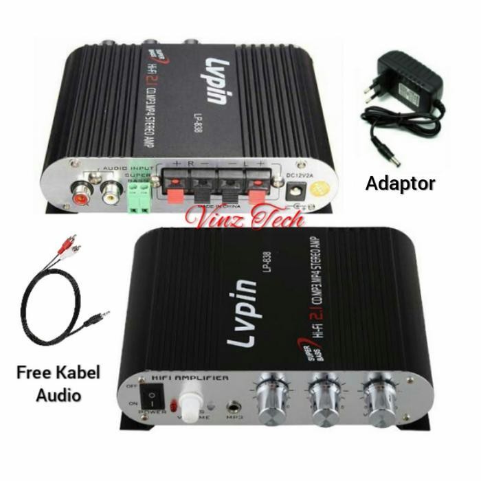 LVPIN Mini HiFi Stereo Amplifier Treble Bass Booster LP838 + Adaptor