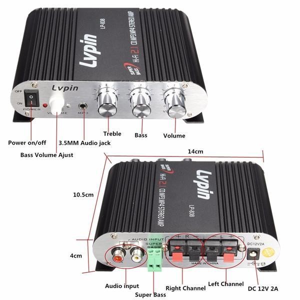 LVPIN Mini HiFi Stereo Amplifier Treble Bass Booster 12V 200W - LP-838