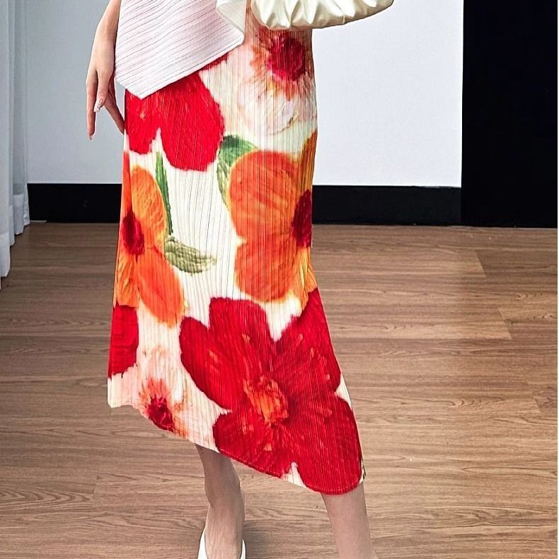 Rok Lipit Baru Pinggang Tinggi Rok Panjang Cetak Belahan Rok Lipit