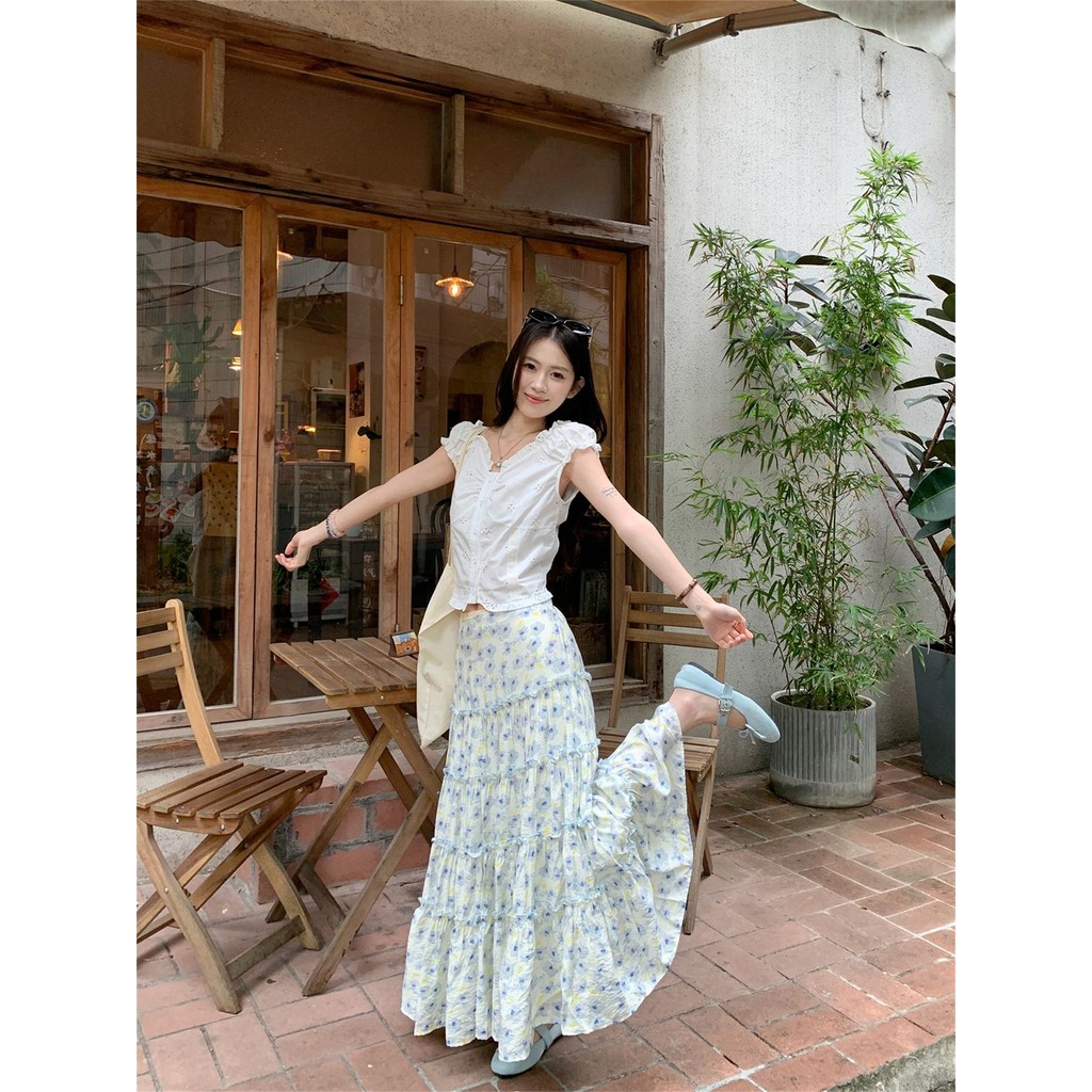 [Cream Winnie] Rok kue bunga biru gaya Korea rok pinggang tinggi