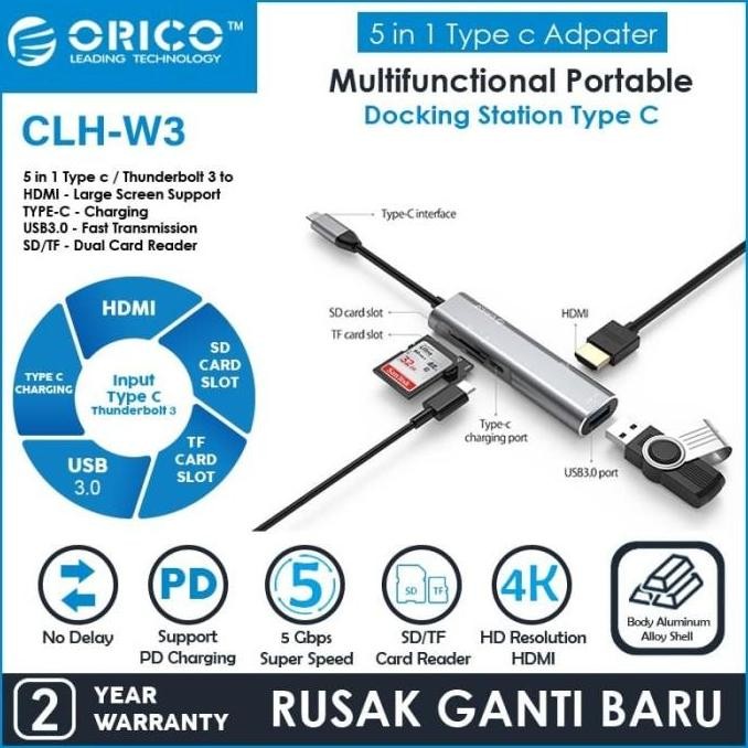 Diskon ORICO CLH-W3 USB C Hub to HDMI 4K PD Charging + SD TF Card Reader USB 3.0