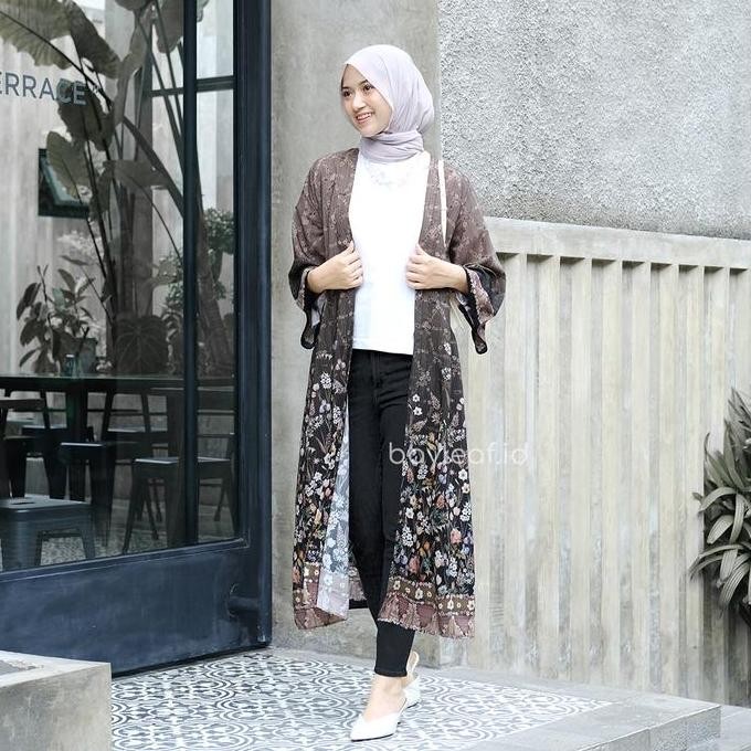 Bayleaf.id Aster Emily Long Outer Black Motif Bunga / Outer Panjang Wanita Motif