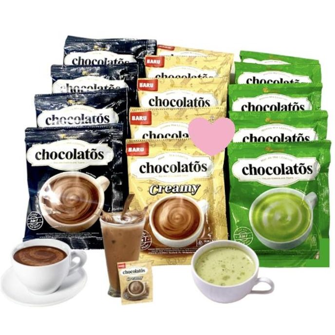 

Drink Chocolatos Italian Chocolate Taste Minuman Bubuk Renceng Cokelat / Choco, Matcha Latte, Creamy, Creamy Chocolatey, Vanilla Latte 28 Gram X 10 Pcs (Mine)