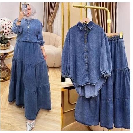 YSN Zifana-Lena Set Baju Stelan Rok jeans Wanita Jumbo One Set Jeans Premium Setelan Jeans Wanita Ju