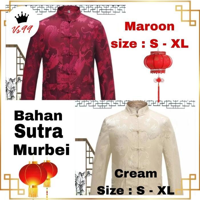 LFM Baju Cheongsam / Kemeja lengan panjang Pria motif Naga - Merah