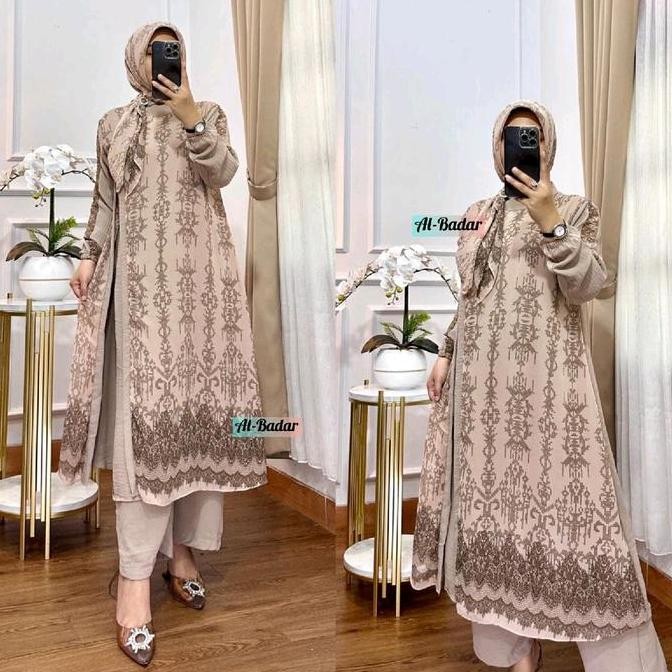 (Allthebest) SETCEL LONG TUNIK TERBARU SUDAH SET HIJAB BAHAN CERUTY MIX CERINGKEL Baju Celana Lembut