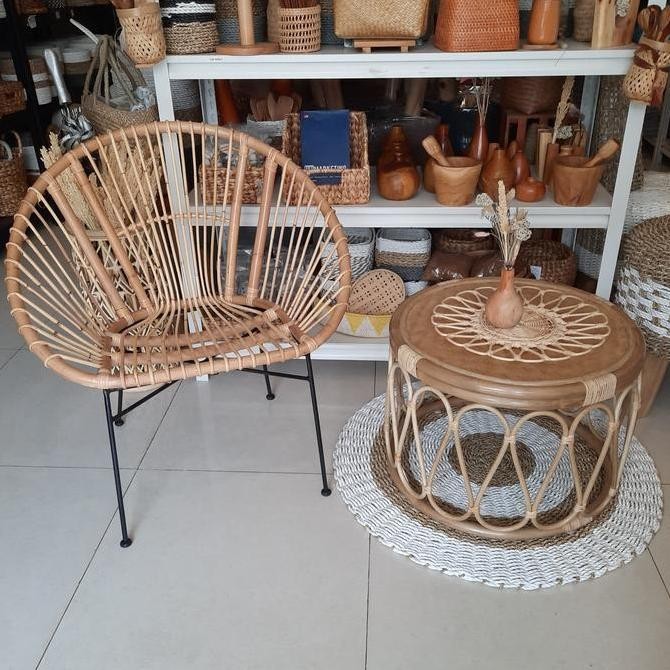 Meja Bulat Rotan / Meja Rotan Estetik / Meja Rotan Aesthetic Mbr02