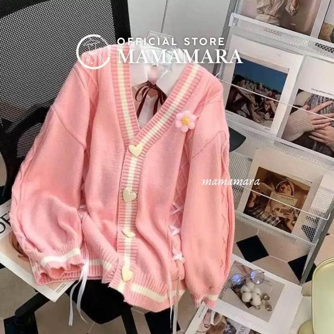 Murah Mamamara - Cardigan Rajut Wol Oversize Love Button Korean Style Lembut Outer Bunga Panjang Kar