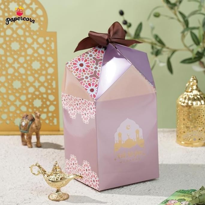 

Ready 10 Pcs Box Hampers Idul Fitri | Box Kerucut 3 Toples Ungu Metallic + Tag
