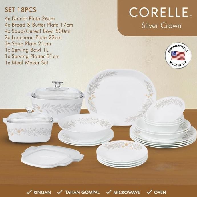 CORELLE SILVER CROWN Dinner Set / Set Piring Makan / Set Piring Mangkok Makan