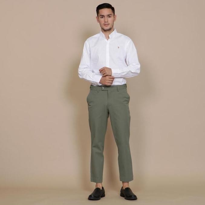 ST BlueButton Celana Chinos Pria Celana Ankle Pants Slim Fit Sage
