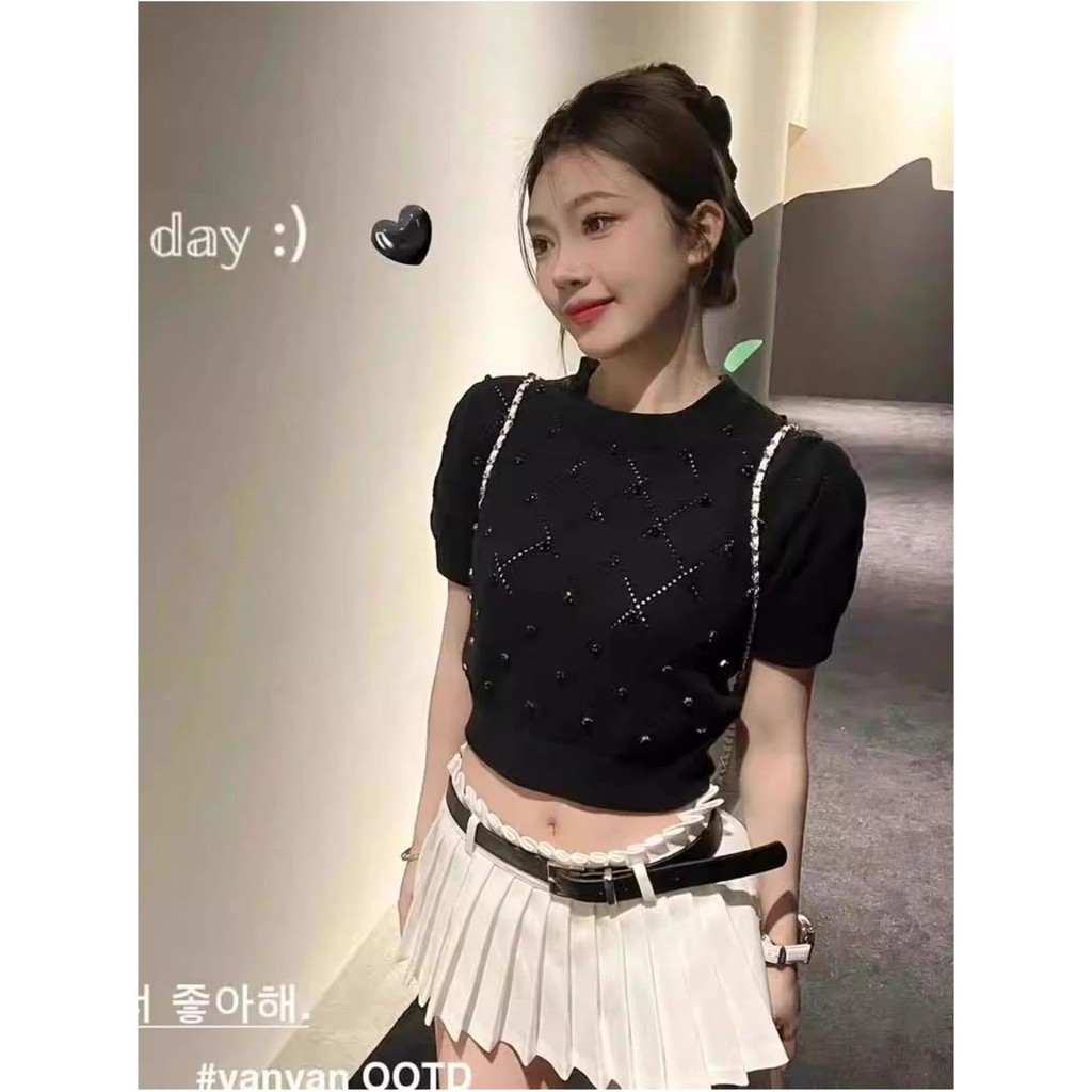 Rajutan Lengan Pendek Gaya Prancis T Atasan Pendek Off-Shoulder Slim Fit Musim Panas Wanita+Set Rok 