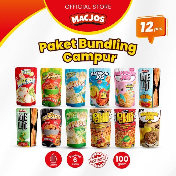 

FF MACARONI JOS Cemilan Paket Bundling 12pcs Makaroni Mie Lidi Pilus Cikur Makanan Kerupuk Seblak Basreng Keripik Tempe