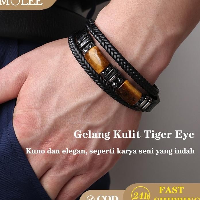 8.8Molee Gelang Kulit Kepang Mata Harimau Gelang Ter Eye Gelang Cowok Keren Anti Norak Akar Bahar Ge