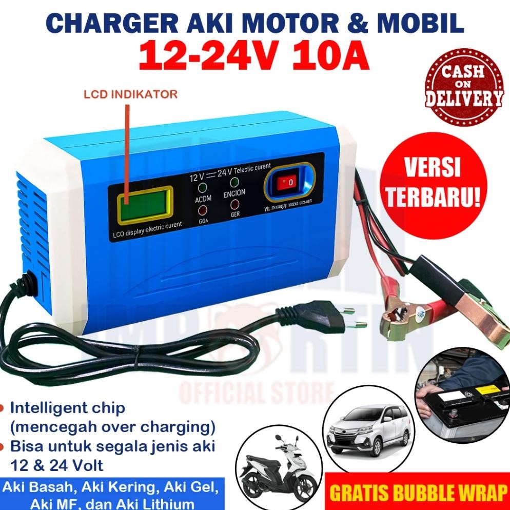 Charger Aki Mobil Motor 12V-24V 10A/ Charger Aki Portable 12V-24V 10A Mobil dan Motor LCD Indicator 