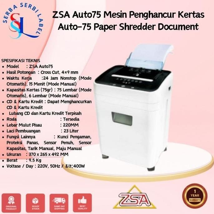 Premium ZSA Auto75 Mesin Penghancur Kertas Auto-75 Paper Shredder Document