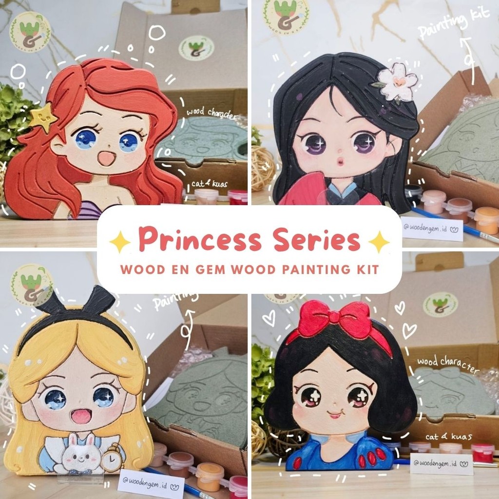

Paint By Number - Mainan DIY Anak Perempuan - Souvenir Ulang Tahun Anak - Paket Melukis Karakter Kayu Seri Princess WOODENGEM