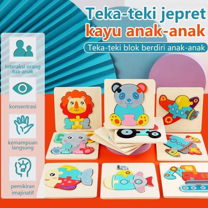 BAMBINO Mainan kayu puzzle hewan 3D Timbul wooden puzzle mainan edukasi anak Permainan Plastik Perma
