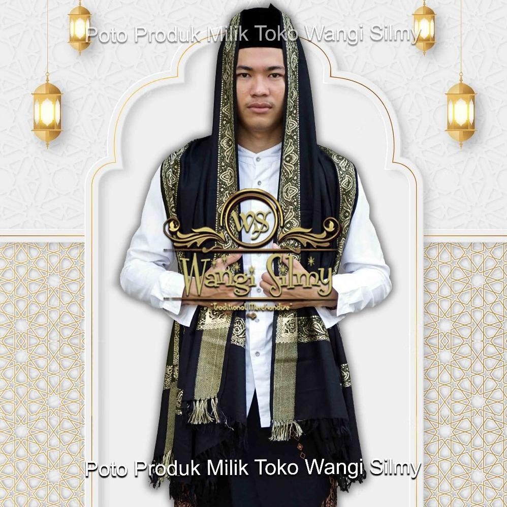 Limited - Sorban Kashmiri Asli India Hitam Garis Emas - Sorban Hitam - Sorban Kashmiri Hitam - Sorba