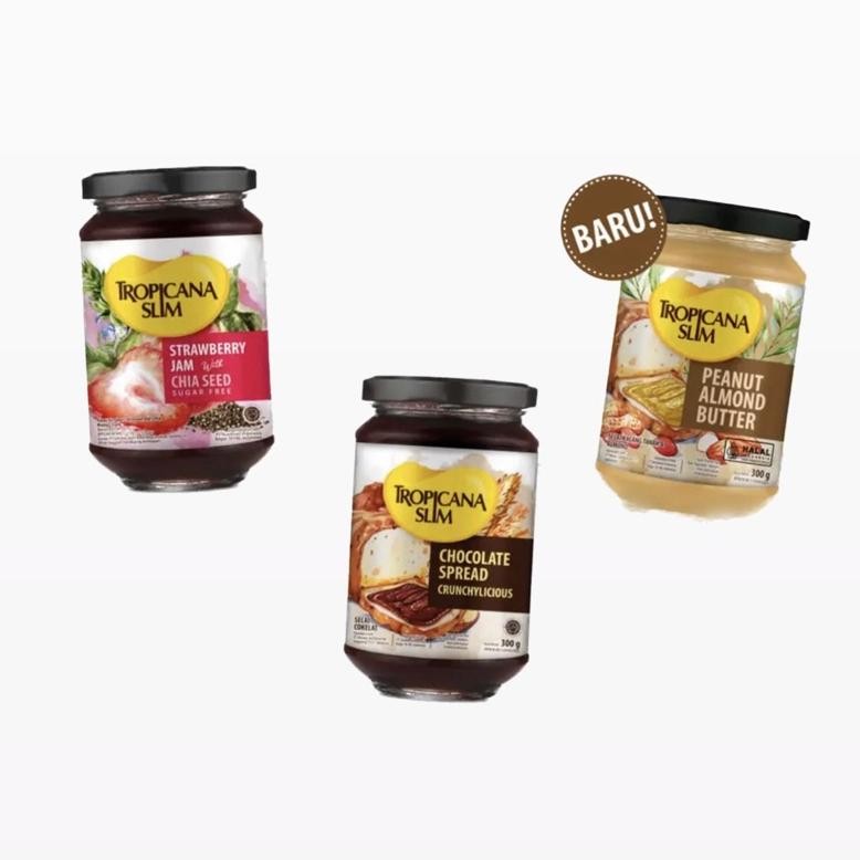

Tropicana Slim Selai 1 Jar Chocolate Spread 300gr / Peanut Almond Butter 300gr / Strawberry Jam 375gr / Royal Matcha Spread 300gr