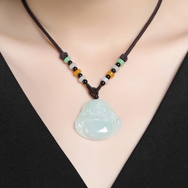 A Liontin Buddha Maitreya Tertawa Jenis Nuo Es Jade, Liontin Guanyin, Kalung Jade