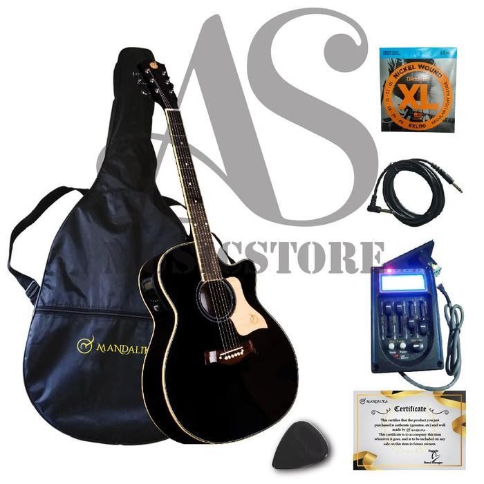 Gitar Akustik Mandalika DTS-01 Hitam Elektrik Tuner Bonus Banyak