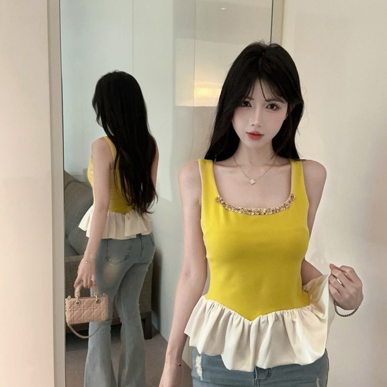 Temukan Pakaian COD  Atasan Suspender Pelangsing Leher-U Temperamen Rantai Penyambungan Cantik Melod