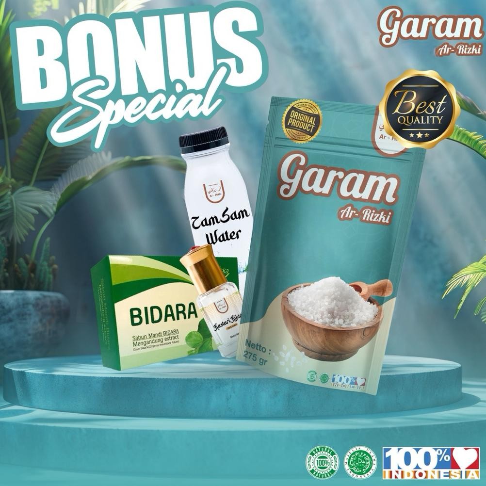 

(Terbaru) Garam Mandi Herbal Terapi ArRizki Kemasan 275gr | Bonus Air ZamZam Parfume Sabun (Terlaris)