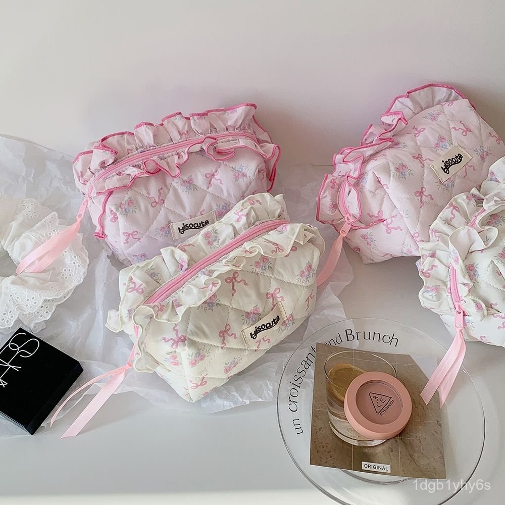 

Hisocute Kawaii Student Cute Makeup Bag Large Capacity Ribbon Lace Stationery Pencil Case Girl Toiletry Bag VBUA