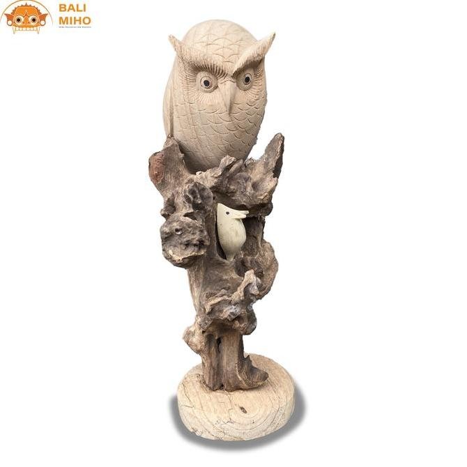 ] Patung Burung Hantu Bertengger Kayu - Patung Owl - Dekorasi Burung