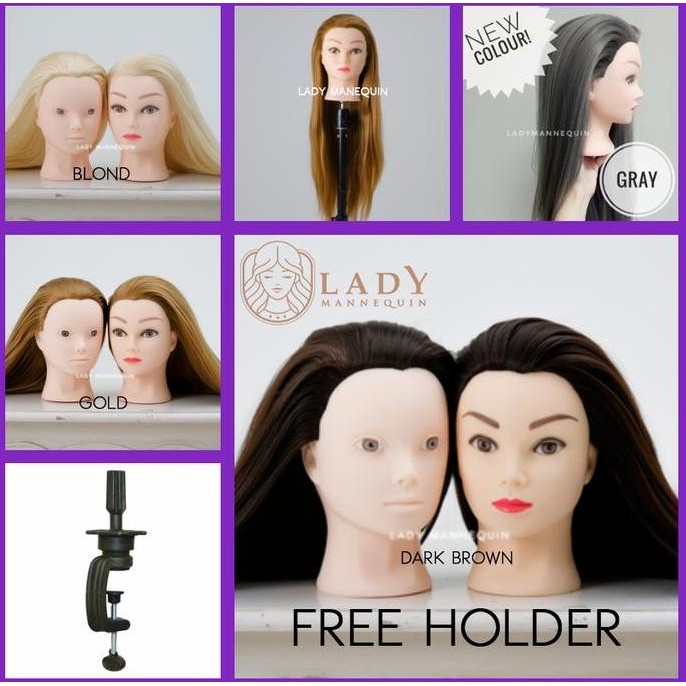 (Sintetis) Manekin Kepala Patung Rambut Sintetis Untuk Latihan Styling Menata Rambut